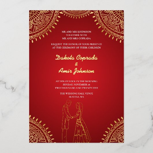 インディアン対結婚の赤金ゴールドパターン 箔招待状 (正面)