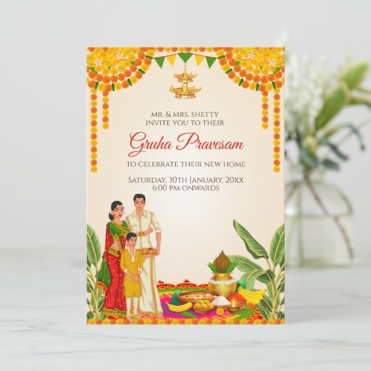インディアン引っ越し祝いパーティーカードとしてDigital Pooja招待状 招待状 (スタンド正面)