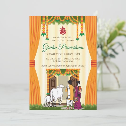 インディアン引っ越し祝いパーティー招待状デジタルグルハプラヴェスム 招待状 (スタンド正面)