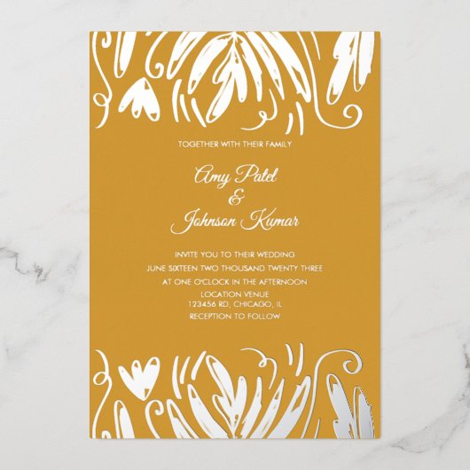 インディアン描ヒンドゥーのフローラ結婚の圧迫 箔招待状 (正面)