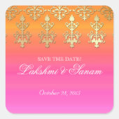 インディアン救日付結婚式用シールピンクオレンジ金ゴールド スクエアシール (正面)