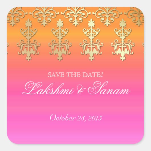 インディアン救日付結婚式用シールピンクオレンジ金ゴールド スクエアシール (正面)