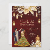 インディアン日付マルーン金ゴールド踊りカップルの保存 招待状 (正面)