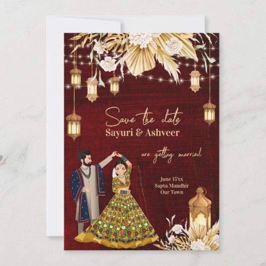 インディアン日付マルーン金ゴールド踊りカップルの保存 招待状 (正面)
