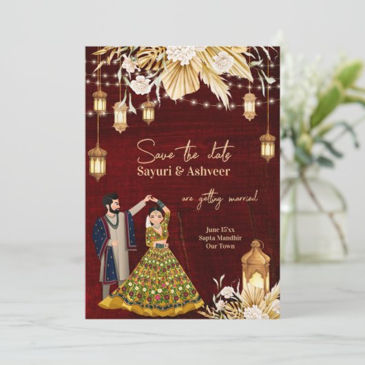 インディアン日付マルーン金ゴールド踊りカップルの保存 招待状 (スタンド正面)