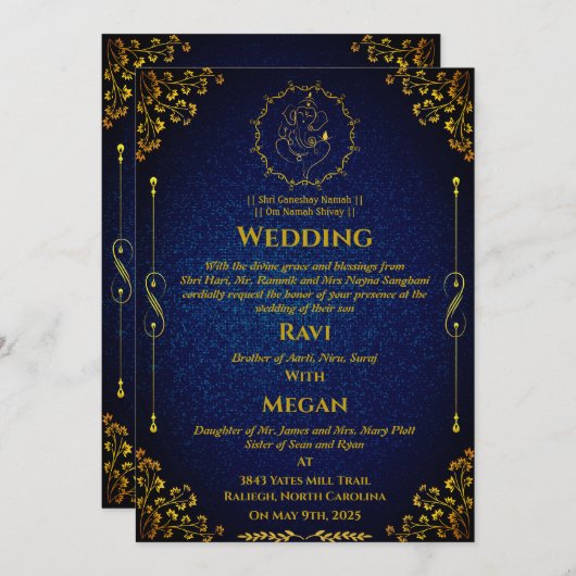インディアン王室のヒンドゥー結婚ズGaneshaロゴGolden Inv 招待状 (正面/裏面)