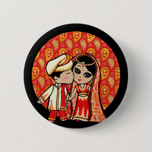 インディアン結婚のかわいい新郎新婦アニメ 缶バッジ