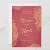 インディアン結婚のカード(写真、赤、金ゴールド、Mhndi) セーブザデート (正面)