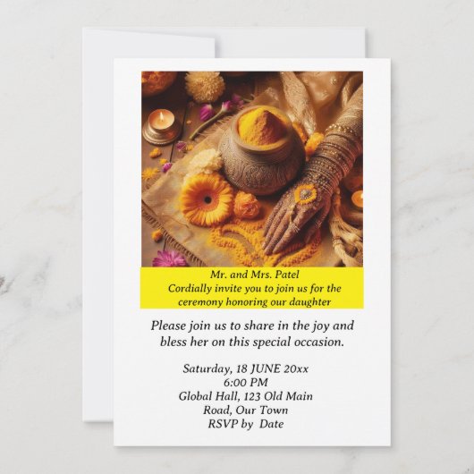 インディアン結婚のターメリック式の招待状 セーブザデート (裏面)