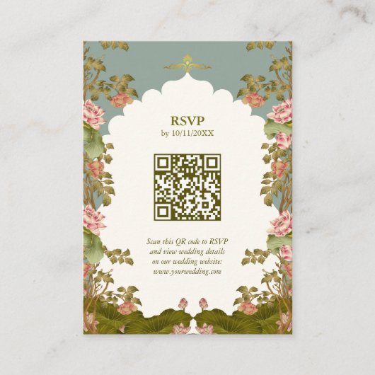 インディアン結婚のフローラロータスオリエンタルQRコードRSVP エンクロージャーカード (正面)