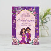 インディアン結婚のメーンディパープルかわいいブライダルカップル 招待状 (スタンド正面)