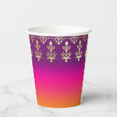 インディアン結婚のモノグラムダマスクピンクパープルオレンジ 紙コップ (裏面)