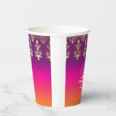 インディアン結婚のモノグラムダマスクピンクパープルオレンジ 紙コップ (右)