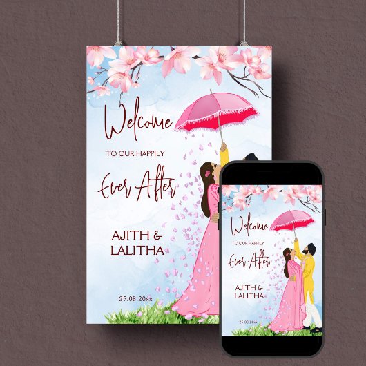インディアン結婚の傘つき歓迎看板カップル ポスター
