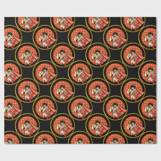 インディアン結婚の可愛い新郎新婦マンガカスタマイズー ラッピングペーパー (フラット)