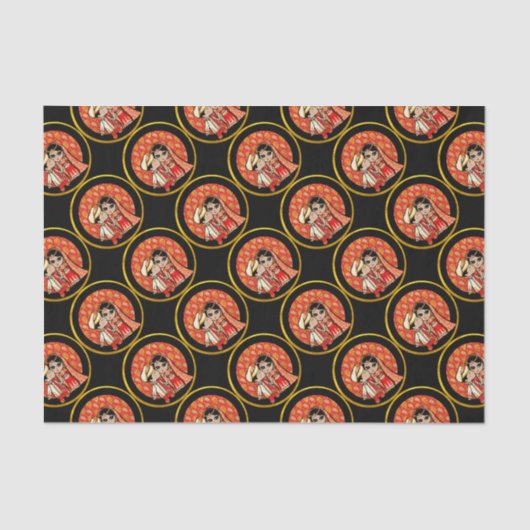 インディアン結婚の可愛い新郎新婦マンガカスタマイズー 薄葉紙 (正面)