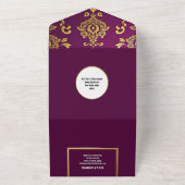 インディアン結婚の梅金ゴールド孔雀の羽ペイズリー オールインワン招待状 (外側)