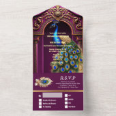 インディアン結婚の梅金ゴールド孔雀の羽ペイズリー オールインワン招待状 (内側)