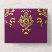 インディアン結婚の梅金ゴールド孔雀の羽ペイズリー オールインワン招待状 (裏面)