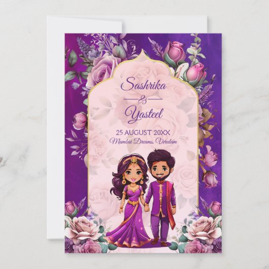 インディアン結婚の紫色のピンクの可愛いブライダル 招待状 (正面)
