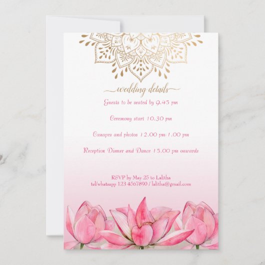 インディアン結婚の詳細RSVPロータス金ゴールド曼荼羅 招待状 (正面)