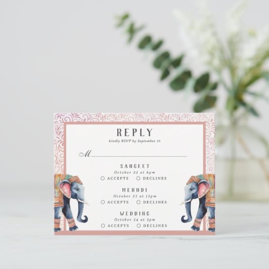 インディアン結婚の象の数々のイベントRSVP応答 ポストカード (スタンド正面)
