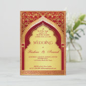インディアン結婚の赤と金ゴールドヴィンテージアーチ 招待状 (スタンド正面)