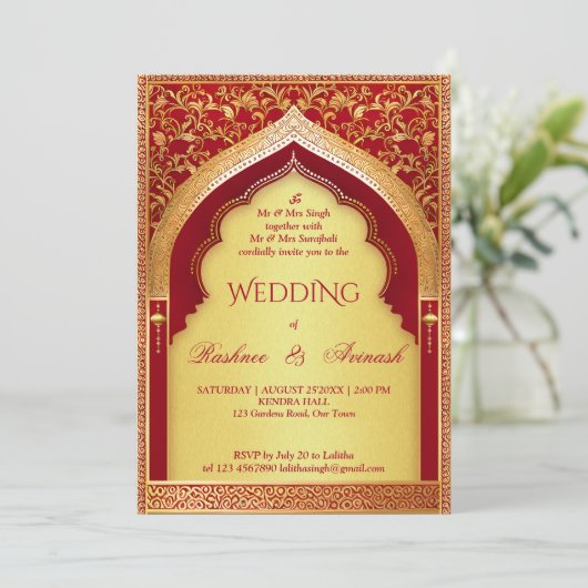 インディアン結婚の赤と金ゴールドヴィンテージアーチ 招待状 (スタンド正面)