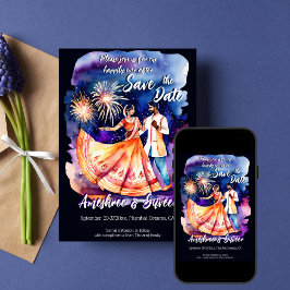 インディアン結婚の踊りカップル花火救の日 招待状