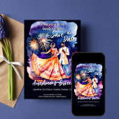 インディアン結婚の踊りカップル花火救の日 招待状