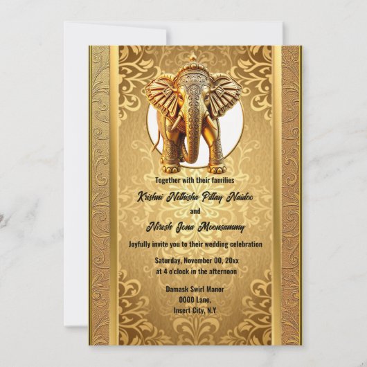 インディアン結婚の金ゴールド黒象ダマスアジア 招待状 (正面)