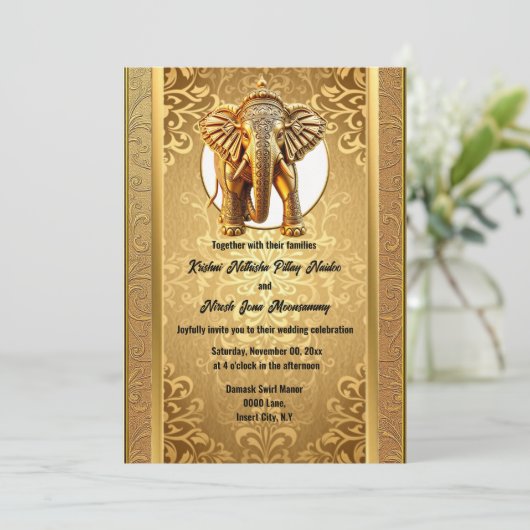 インディアン結婚の金ゴールド黒象ダマスアジア 招待状 (スタンド正面)