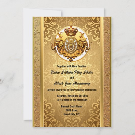 インディアン結婚の金ゴールド黒象ダマスクエレガント 招待状 (正面)