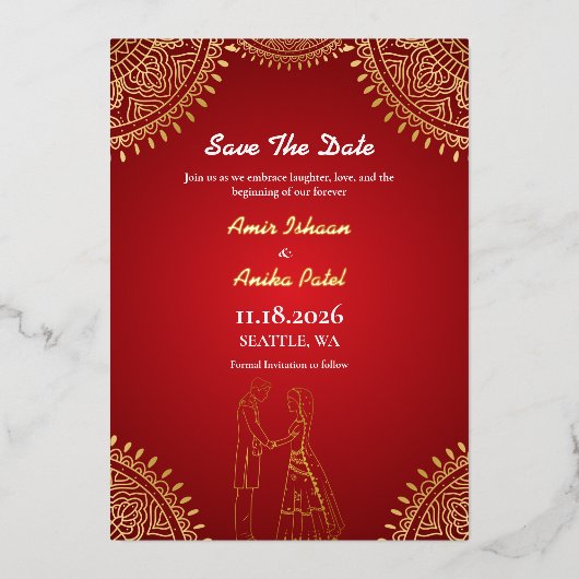 インディアン結婚カップルの赤い金ゴールド日付を保存 箔招待状 (正面)