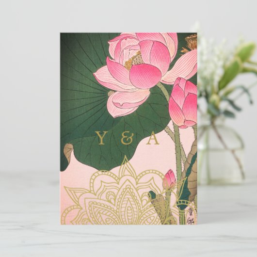 インディアン結婚スタイルピンク金ゴールドウォーターリリー 招待状 (スタンド正面)