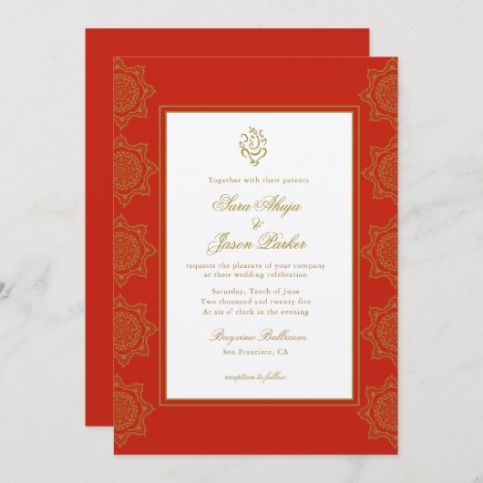 インディアン結婚ズガネシュレッド&金ゴールドマンダラ 招待状 (正面/裏面)