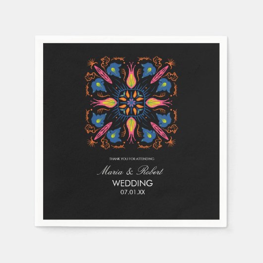 インディアン結婚ズテーマゾウフローラブラック スタンダードカクテルナプキン (正面)