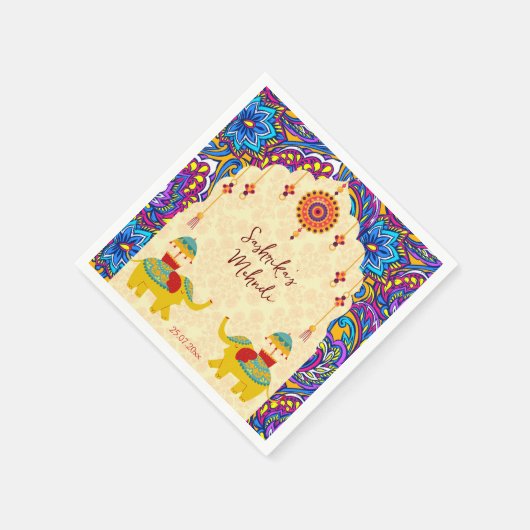 インディアン結婚ゾウの青い模様パーソナライズされた スタンダードカクテルナプキン (角)