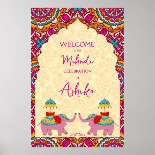 インディアン結婚ゾウカラフル歓迎サイン ポスター (正面)