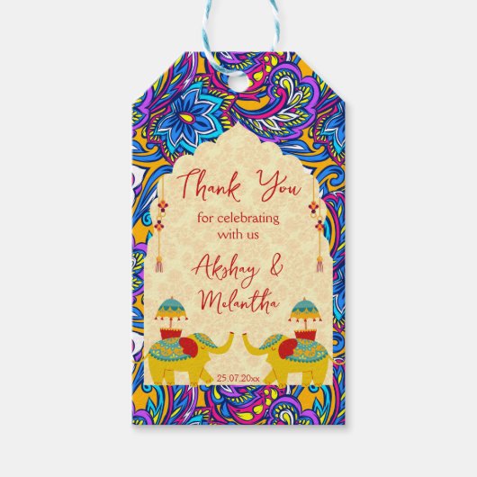 インディアン結婚ゾウ青い黄色感謝していユー ギフトタグ (正面)