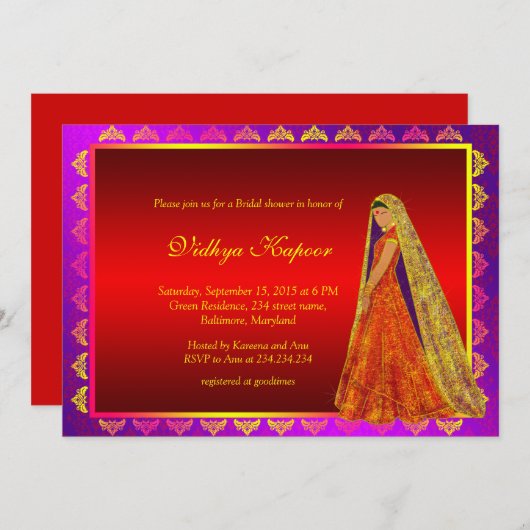 インディアン結婚ダマスクブライダルシャワー招待状 招待状 (正面/裏面)