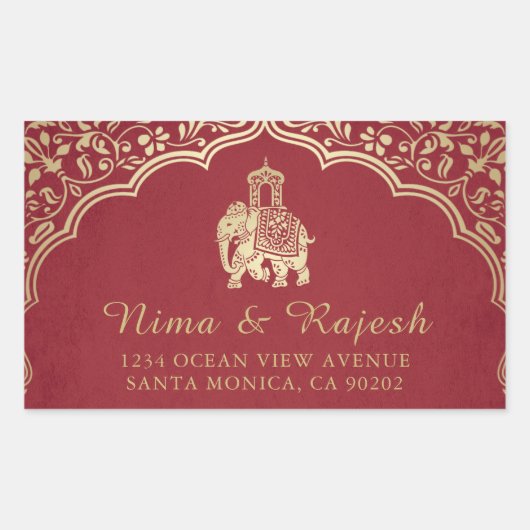 インディアン結婚住所 シール、青および金ゴールド 長方形シール (正面)
