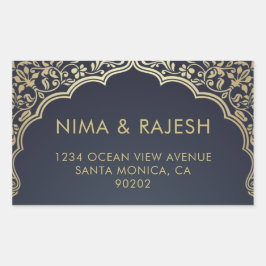 インディアン結婚住所 シール、青および金ゴールド 長方形シール
