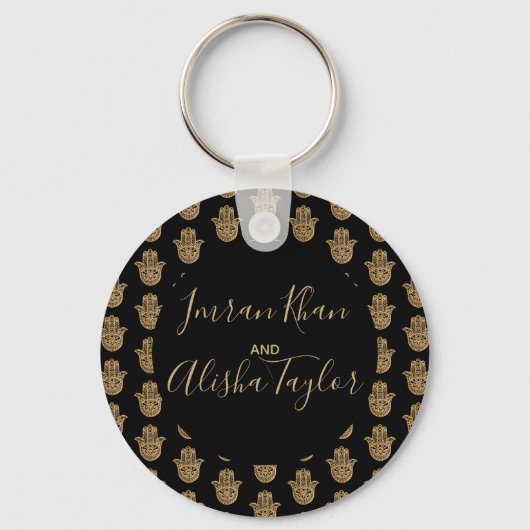 インディアン結婚式の日付を保存金ゴールドハムサHenna キーホルダー (正面)