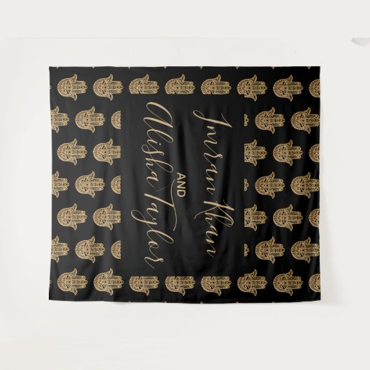 インディアン結婚式の日付を保存金ゴールドハムサHenna タペストリー (正面(横))