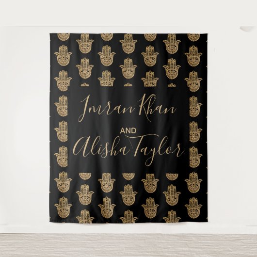 インディアン結婚式の日付を保存金ゴールドハムサHenna タペストリー (正面)