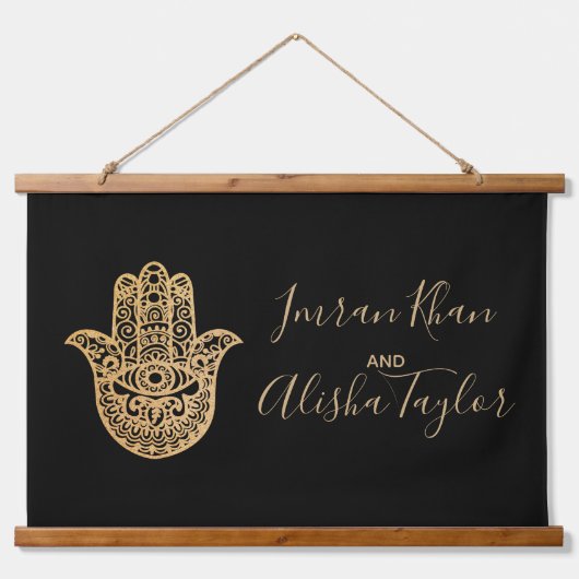 インディアン結婚式の日付を保存金ゴールドハムサHenna 吊り下げ型タペストリー (正面)