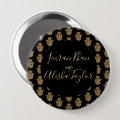 インディアン結婚式の日付を保存金ゴールドハムサHenna 缶バッジ (正面&裏面)