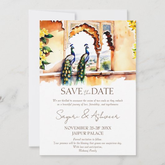 インディアン結婚式は日付ピーコックジャイプールパレスを保存 招待状 (正面)