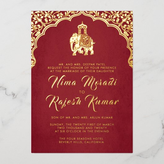 インディアン結婚式招待状レッド金ゴールドガネシャ 箔招待状 (正面)